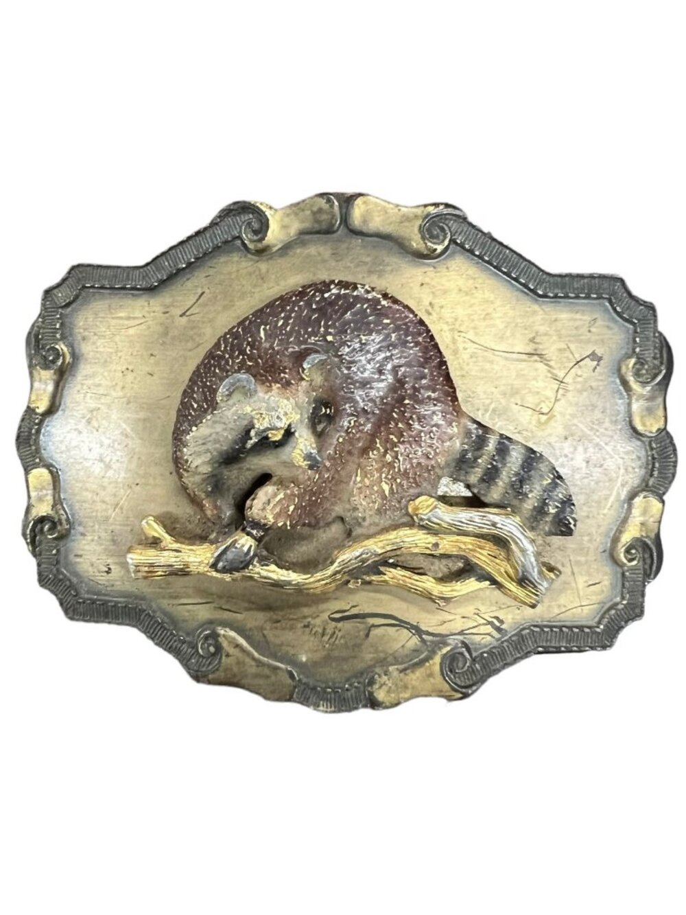 Raccoon Vintage 1977 Raintree Men's Brass Belt Buckle 3D Enamel 3.75" Retro 70's